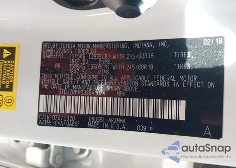 2018 Toyota Highlander Xle z USA, uszkodzony, nr VIN 5TDJZRFH0JS541074